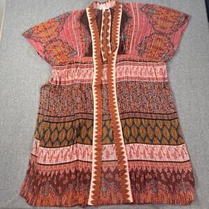 DR2 Kimono Duster Boho One Size Open Front Pleated Pink/Brown Paisley Print